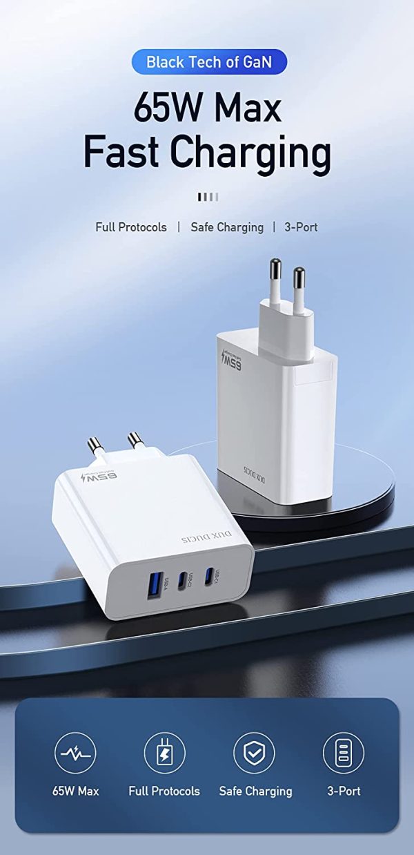 DUX DUCIS C90 65W GaN Fast Charger Quick Charge 4.0 3.0 AFC SCP USB PD Charger GaN 65W USB C Charger PD USB-C Type-C Fast USB Foldable Charger for MacBook Pro iPhone Samsung 65W GaN Fast Charger - Image 2