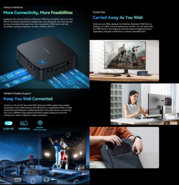 Blackview MP60 Mini PC, 16GB+512GB, Windows 11 Pro Intel Jasper Lake N5095 up to 2.9GHz Micro PC Support 2TB Expansion, Dual 4K HDMI Display, Dual WiFi, BT4.2, Compact and Efficient Micro Desktop Computer - Image 3